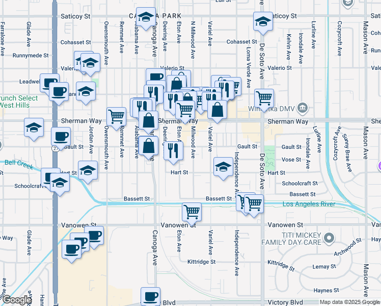 map of restaurants, bars, coffee shops, grocery stores, and more near 7035 Milwood Avenue in Los Angeles