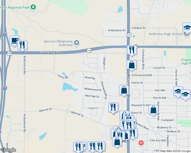 map of restaurants, bars, coffee shops, grocery stores, and more near 1604 Ward Road in Ardmore