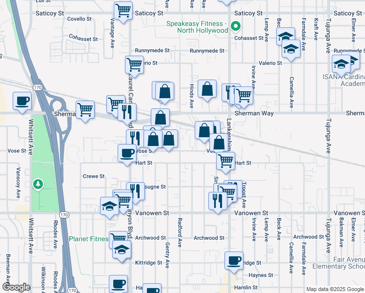 map of restaurants, bars, coffee shops, grocery stores, and more near 11847 Vose Street in Los Angeles