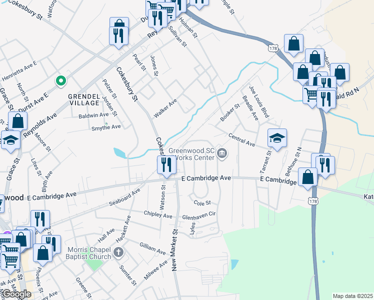map of restaurants, bars, coffee shops, grocery stores, and more near 803 Brewer Avenue in Greenwood