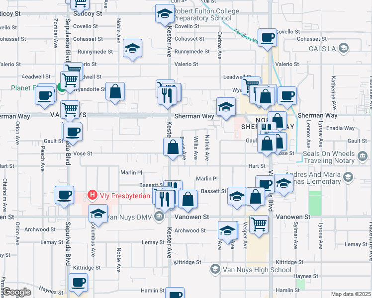 map of restaurants, bars, coffee shops, grocery stores, and more near 7044 Bevis Avenue in Los Angeles