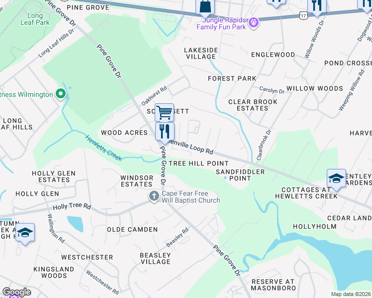 map of restaurants, bars, coffee shops, grocery stores, and more near 5132 Greenville Loop Road in Wilmington