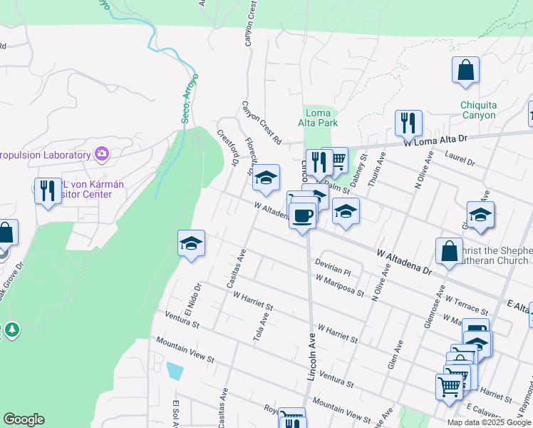 map of restaurants, bars, coffee shops, grocery stores, and more near 720 West Altadena Drive in Altadena