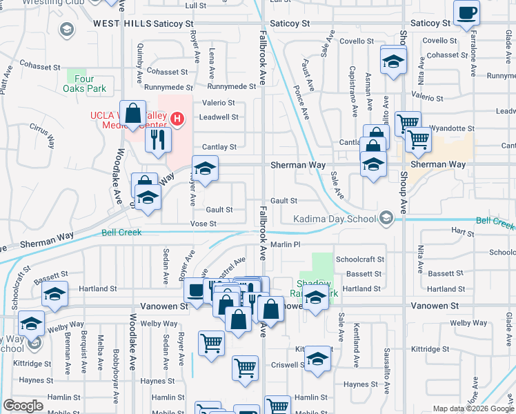 map of restaurants, bars, coffee shops, grocery stores, and more near 7044 McLaren Avenue in Los Angeles