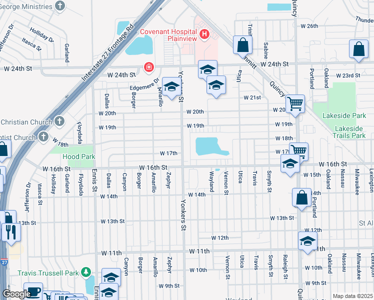 map of restaurants, bars, coffee shops, grocery stores, and more near 1600-1800 Yonkers Street in Plainview