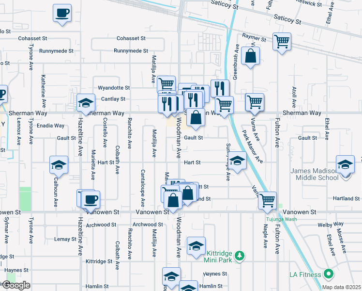 map of restaurants, bars, coffee shops, grocery stores, and more near 7040 Woodman Avenue in Los Angeles