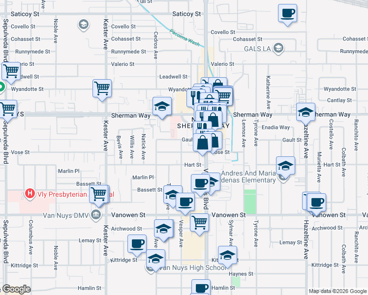 map of restaurants, bars, coffee shops, grocery stores, and more near 14551 Vose Street in Los Angeles