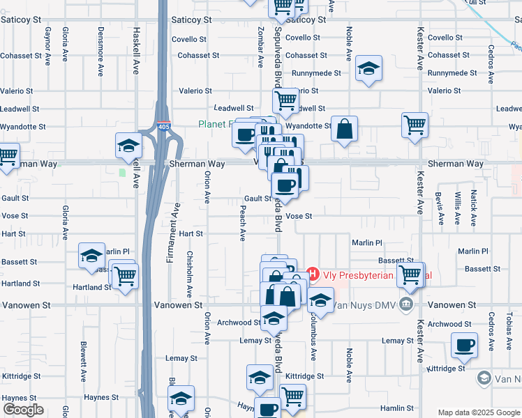 map of restaurants, bars, coffee shops, grocery stores, and more near 7101 Vose Street in Los Angeles
