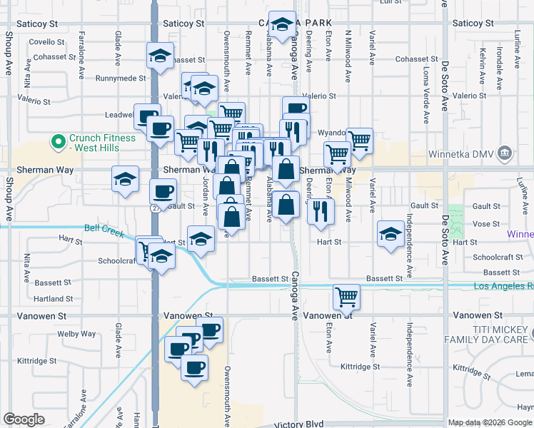 map of restaurants, bars, coffee shops, grocery stores, and more near 7032 Alabama Avenue in Los Angeles