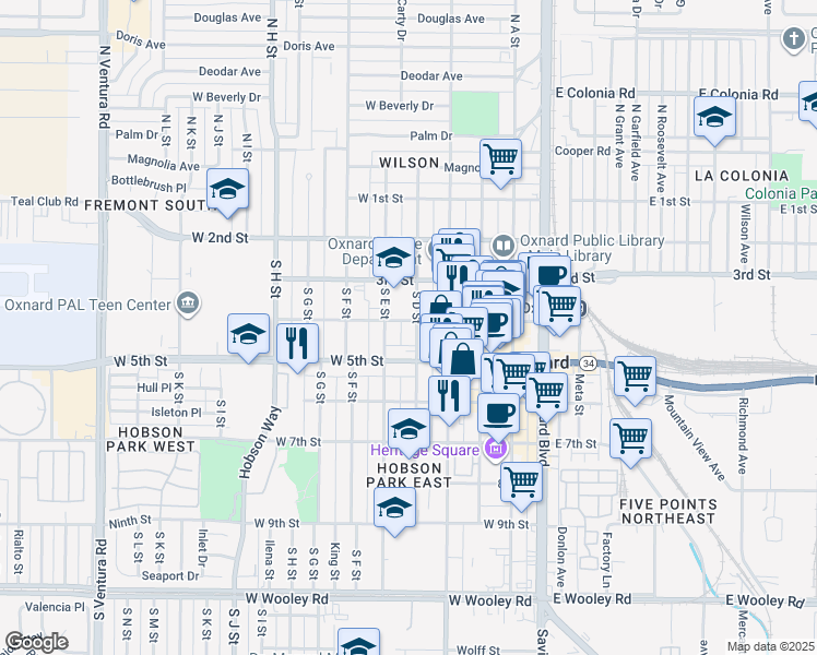 map of restaurants, bars, coffee shops, grocery stores, and more near 421 South D Street in Oxnard