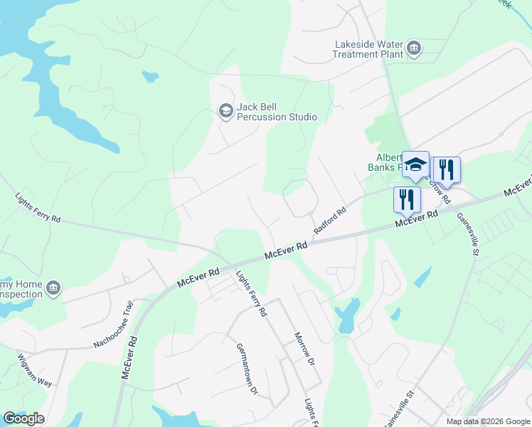 map of restaurants, bars, coffee shops, grocery stores, and more near 5726 Garden Walk in Flowery Branch