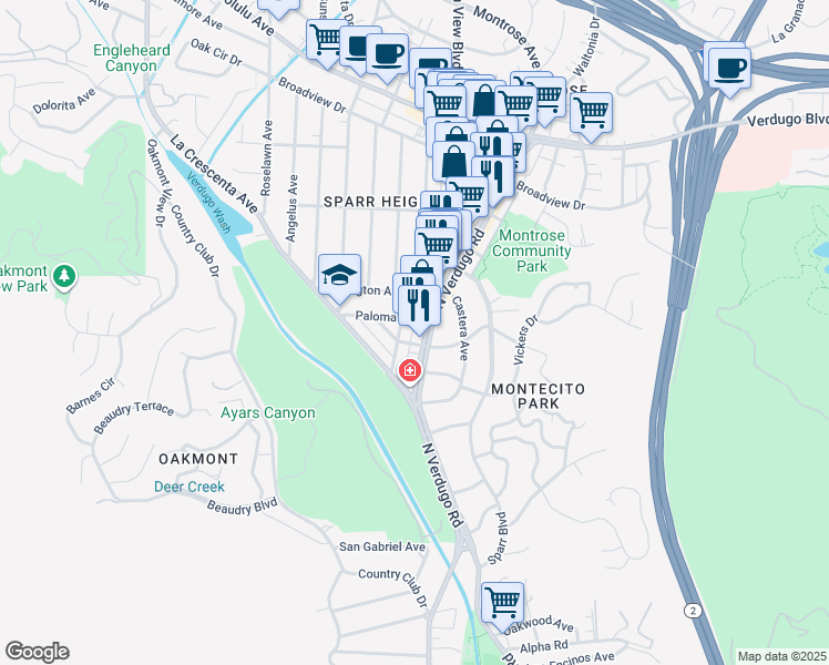 map of restaurants, bars, coffee shops, grocery stores, and more near 1703 Glencoe Way in Glendale