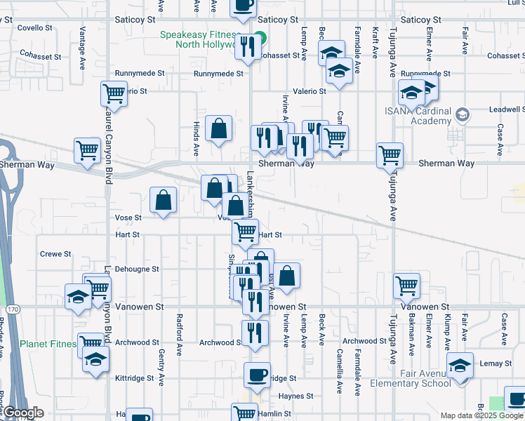 map of restaurants, bars, coffee shops, grocery stores, and more near 7040 Lankershim Boulevard in Los Angeles