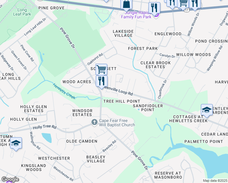 map of restaurants, bars, coffee shops, grocery stores, and more near 5130 Tidal Oaks in Wilmington