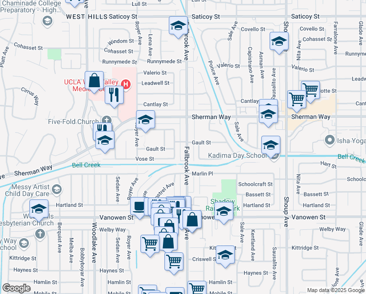 map of restaurants, bars, coffee shops, grocery stores, and more near 7055 Fallbrook Avenue in Los Angeles
