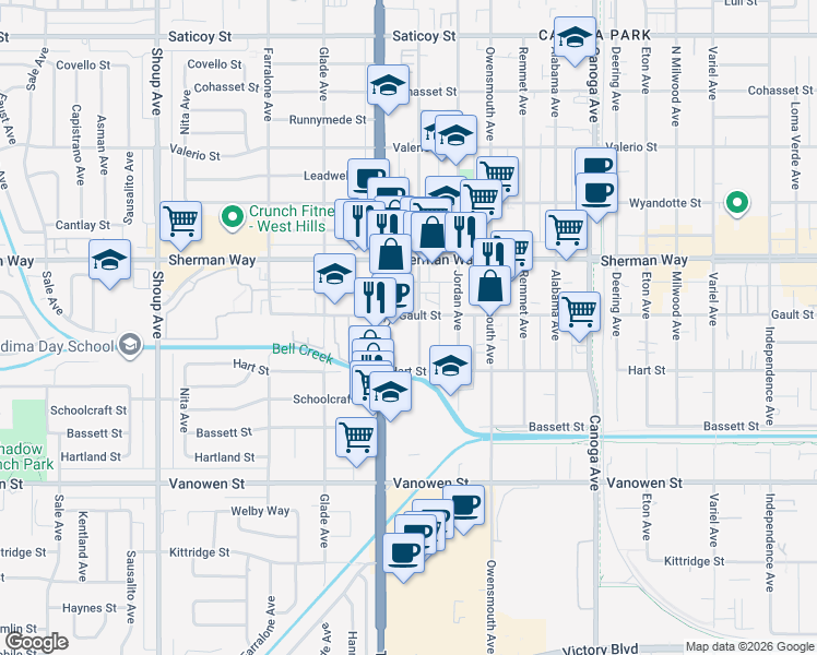 map of restaurants, bars, coffee shops, grocery stores, and more near 7049 Vassar Avenue in Los Angeles