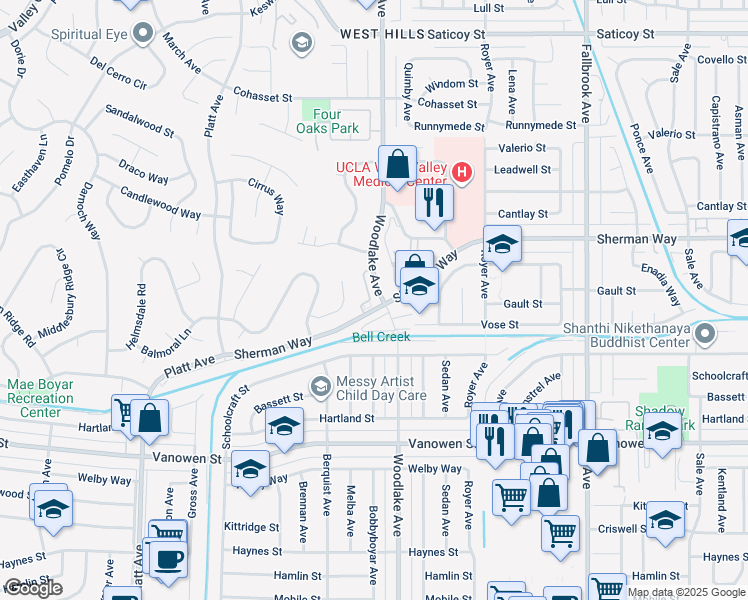 map of restaurants, bars, coffee shops, grocery stores, and more near 23201 Sherman Way in Los Angeles