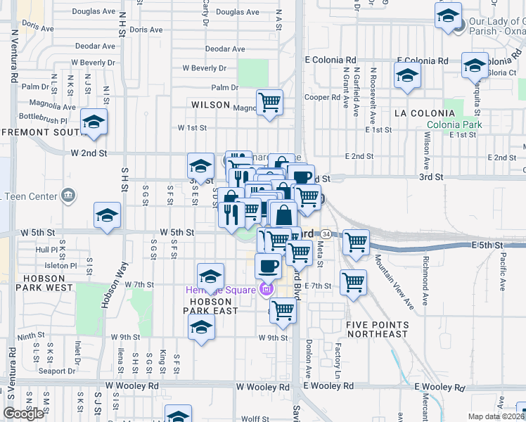 map of restaurants, bars, coffee shops, grocery stores, and more near 440 West 5th Street in Oxnard