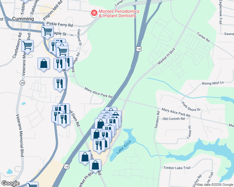 map of restaurants, bars, coffee shops, grocery stores, and more near U.S. 19 in Cumming