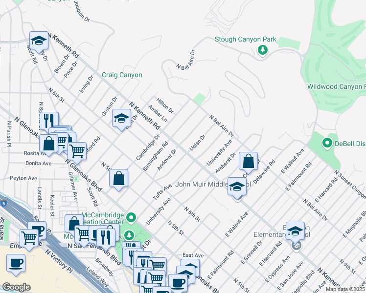 map of restaurants, bars, coffee shops, grocery stores, and more near 800 Andover Drive in Burbank