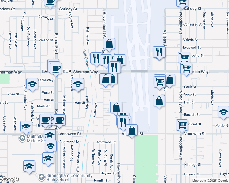 map of restaurants, bars, coffee shops, grocery stores, and more near 7051 Hayvenhurst Avenue in Los Angeles