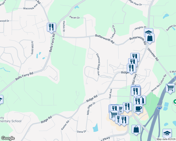 map of restaurants, bars, coffee shops, grocery stores, and more near 325 Stone Valley Crossing in Canton