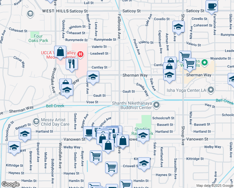 map of restaurants, bars, coffee shops, grocery stores, and more near 7055 Fallbrook Avenue in Los Angeles