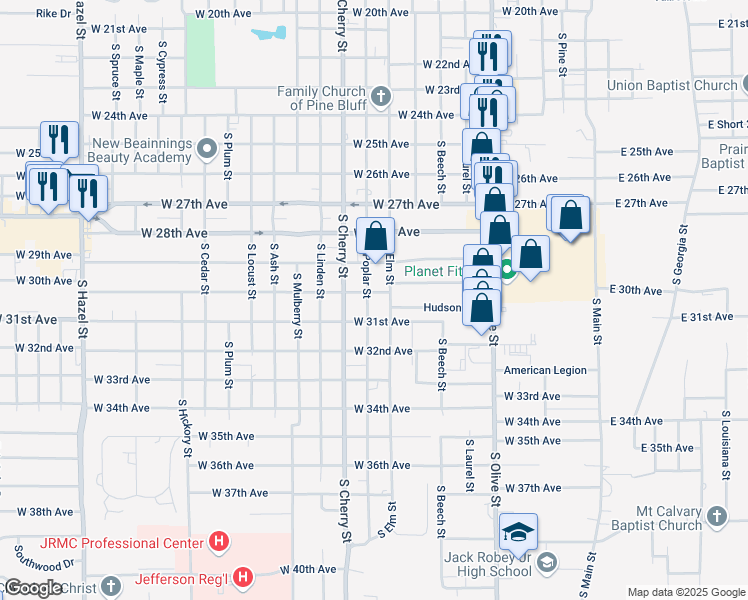 map of restaurants, bars, coffee shops, grocery stores, and more near 3008 South Elm Street in Pine Bluff