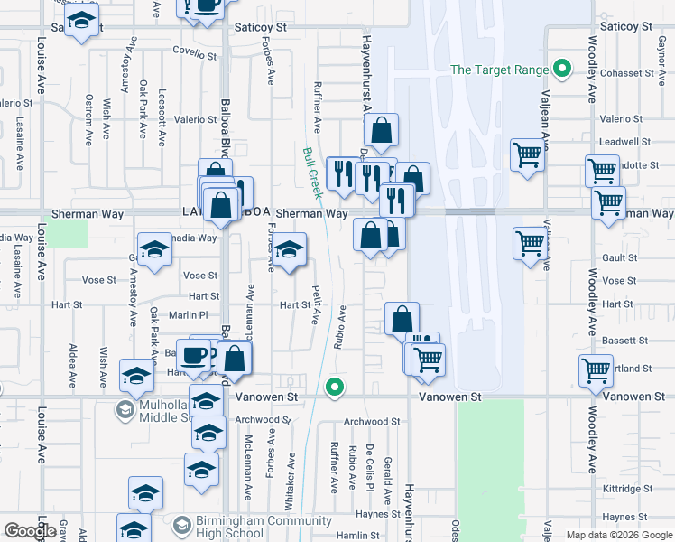 map of restaurants, bars, coffee shops, grocery stores, and more near 7057 Rubio Avenue in Los Angeles