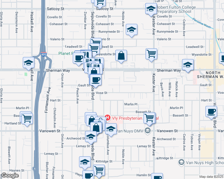 map of restaurants, bars, coffee shops, grocery stores, and more near 15147 Vose Street in Los Angeles