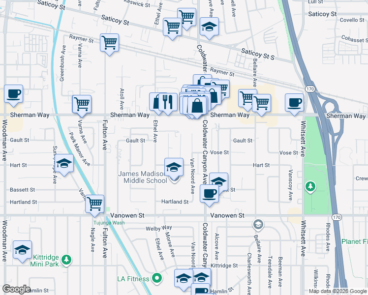 map of restaurants, bars, coffee shops, grocery stores, and more near 7042 Morse Avenue in Los Angeles