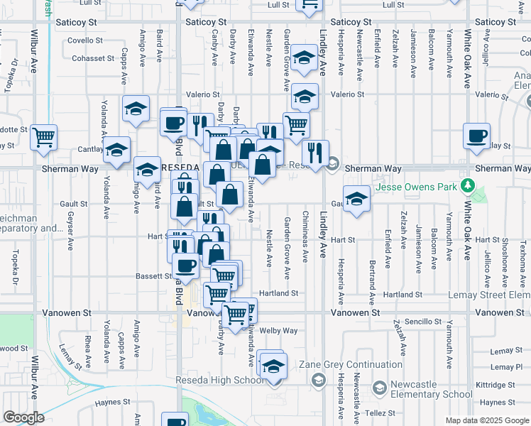 map of restaurants, bars, coffee shops, grocery stores, and more near Nestle Avenue in Los Angeles