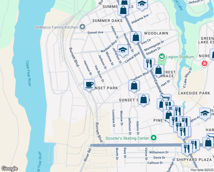 map of restaurants, bars, coffee shops, grocery stores, and more near 2137 Van Buren Street in Wilmington