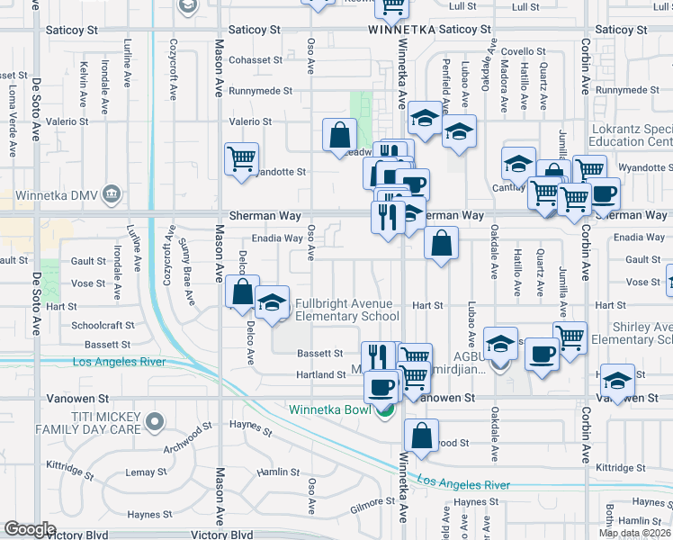 map of restaurants, bars, coffee shops, grocery stores, and more near 7046 Keokuk Avenue in Los Angeles