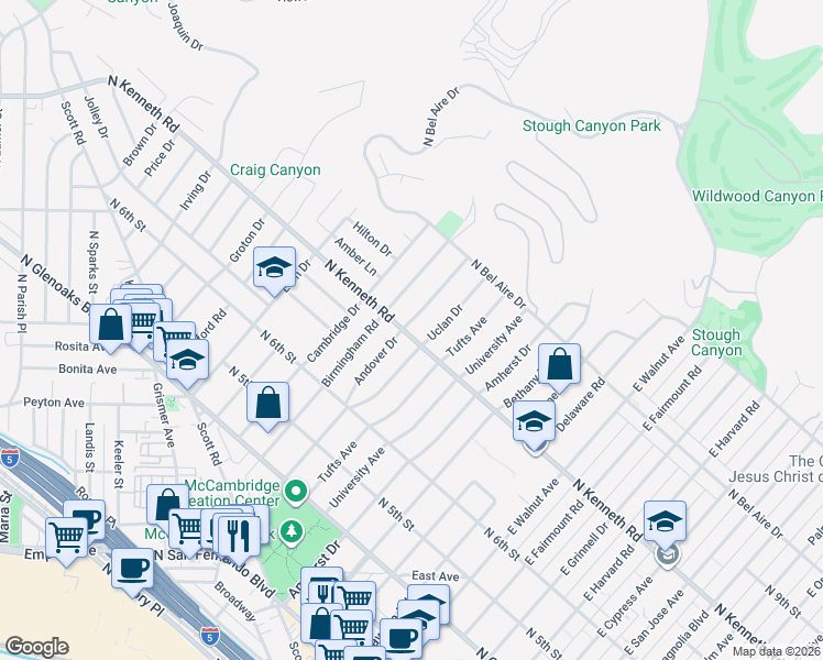 map of restaurants, bars, coffee shops, grocery stores, and more near 800 Andover Drive in Burbank