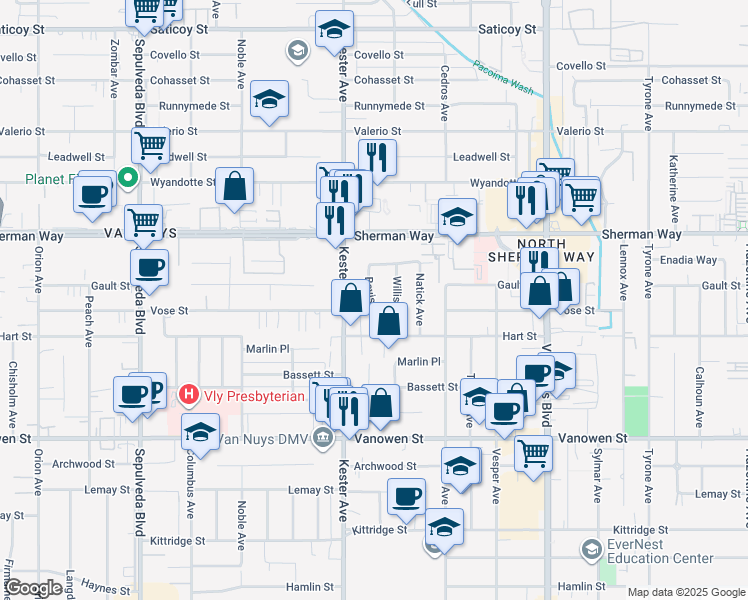 map of restaurants, bars, coffee shops, grocery stores, and more near 7044 Bevis Avenue in Los Angeles