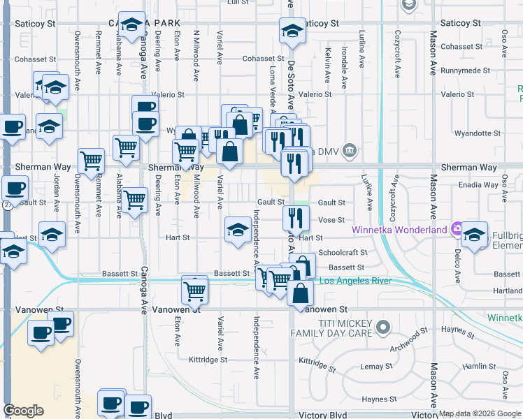 map of restaurants, bars, coffee shops, grocery stores, and more near 7050 Independence Avenue in Los Angeles