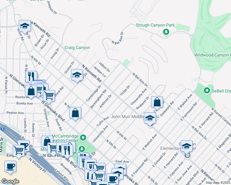 map of restaurants, bars, coffee shops, grocery stores, and more near 800 Andover Drive in Burbank