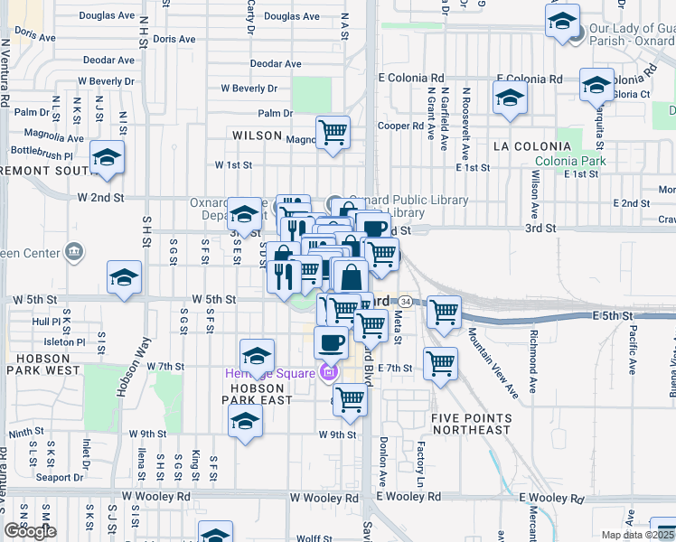 map of restaurants, bars, coffee shops, grocery stores, and more near 401 South A Street in Oxnard