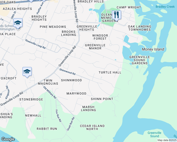 map of restaurants, bars, coffee shops, grocery stores, and more near 6321 Shinncreek Lane in Wilmington