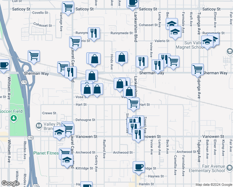 map of restaurants, bars, coffee shops, grocery stores, and more near 11815 Vose Street in Los Angeles