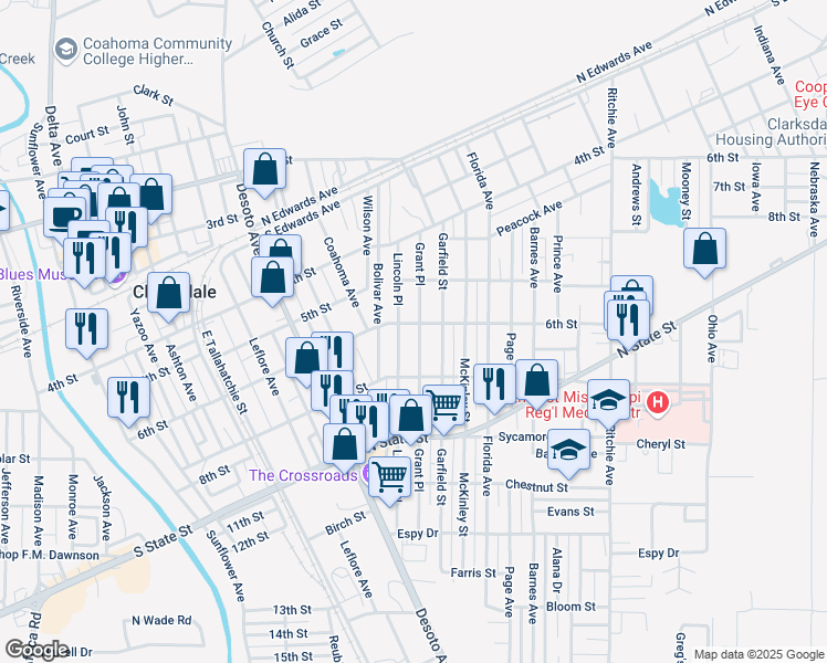 map of restaurants, bars, coffee shops, grocery stores, and more near 619 Garfield St in Clarksdale