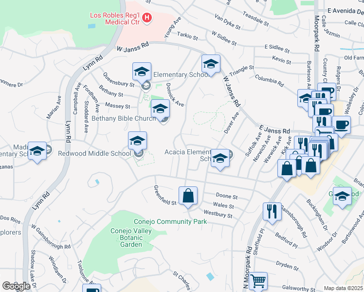 map of restaurants, bars, coffee shops, grocery stores, and more near 1453 Hendrix Avenue in Thousand Oaks