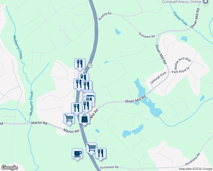 map of restaurants, bars, coffee shops, grocery stores, and more near 4625 Royal Lakes Dr in Flowery Branch