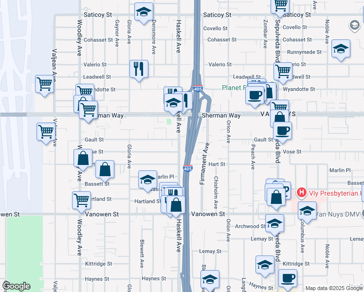 map of restaurants, bars, coffee shops, grocery stores, and more near 7040 Haskell Avenue in Los Angeles