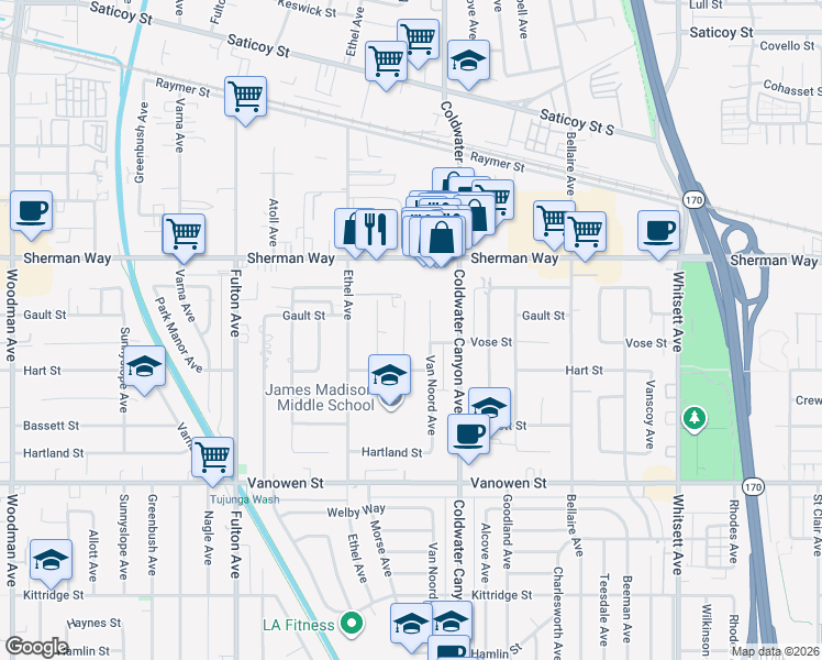 map of restaurants, bars, coffee shops, grocery stores, and more near 7042 Morse Avenue in Los Angeles