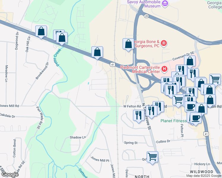 map of restaurants, bars, coffee shops, grocery stores, and more near 71 West Felton Road in Cartersville