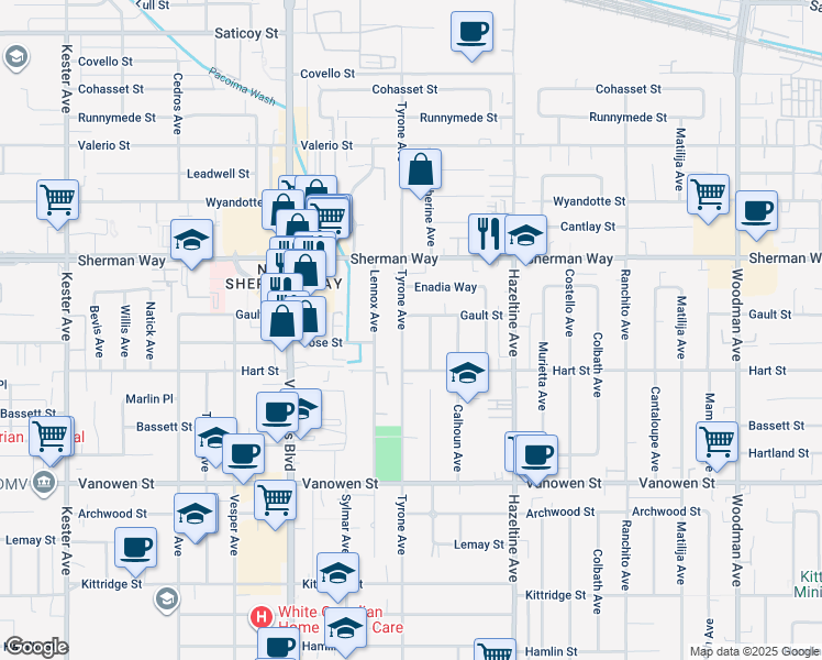 map of restaurants, bars, coffee shops, grocery stores, and more near 7044 Tyrone Avenue in Los Angeles
