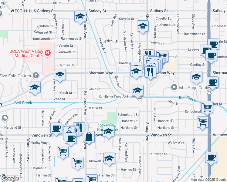 map of restaurants, bars, coffee shops, grocery stores, and more near 22619 Enadia Way in Los Angeles