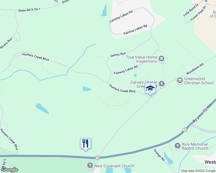 map of restaurants, bars, coffee shops, grocery stores, and more near 311 Hunters Creek Boulevard in Greenwood